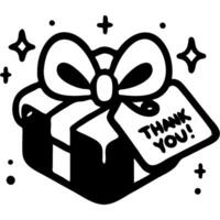 Gift box tied with a bow with a paper card and inscription Thank you in monochrome. Simple minimalistic image in black ink drawing on white background vector