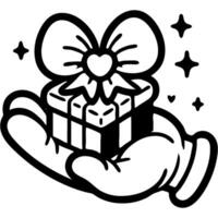 Hand holds gift box tied with bow in palm in monochrome. Simple minimalistic image in black ink drawing on white background vector