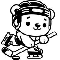 Polar bear hockey player swung his stick at puck to make shot in monochrome. Simple minimalistic image in black ink drawing on white background vector