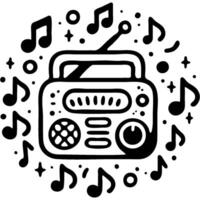 Portable radio playing surrounded by noise and musical notes in monochrome. Simple minimalistic image in black ink drawing on white background vector