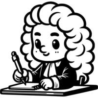Medieval explorer writes down brilliant ideas in a notebook in monochrome. Simple minimalistic image in black ink drawing on white background vector