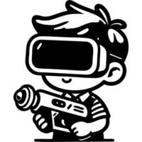 Boy wearing virtual reality glasses hides behind cover and aims a toy gun in monochrome. Simple minimalistic image in black ink drawing on white background vector