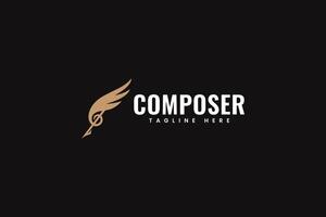 pen composer with feather and musical notes shape modern logo design template for music instrument and entertainment company business vector