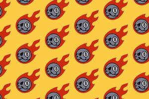 skull head with black ball billiard, fire seamless pattern on yellow background. grim skull with 8 ball pool, flame object illustration pattern background for billiard decoration and merchandise vector