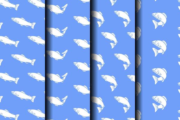 sea trout fish with various poses silhouette seamless pattern on blue background set. trout fish minnows illustration pattern background collection for fish shop, fishing sport, restaurant seafood