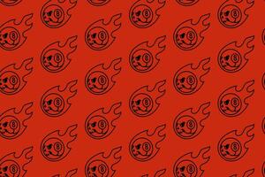 grim skull with 8 ball pool, flame outline seamless pattern on red background. skull head with black ball snooker, fire illustration pattern background for billiard decoration and merchandise vector