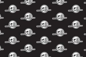 grim skull ball with stick billiard silhouette seamless pattern on black background. skull head ball pool biting stick object illustration pattern background for billiard decoration and merchandise vector