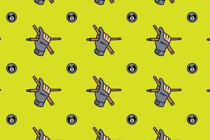 hand wear mitten holding stick crossed, black ball billiard seamless pattern on green background. hand with glove, cue and ball pool illustration pattern background for billiard decor and merchandise vector