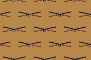 black ball and stick billiard crossed seamless pattern on brown background. 8 ball and stick pool snooker crossed illustration pattern background for billiard decoration and merchandise vector