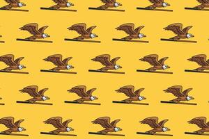 wild eagle bird holding stick billiard seamless pattern on yellow background. wild falcon, hawk gripping cue stick pool illustration pattern background for billiard decoration and merchandise vector