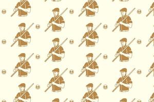 billiard player man holding stick, 8 ball silhouette seamless pattern on white background. snooker pool player with stick, ball illustration pattern background for billiard decoration and merchandise vector