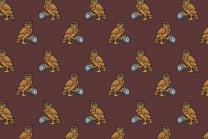 wild owl holding black ball billiard seamless pattern on brown background. brown owl bird with 8 ball pool object illustration pattern background for billiard decoration and merchandise vector