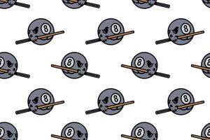 skull head with black ball billiard biting stick seamless pattern on white background. grim skull with cue stick pool object illustration pattern background for billiard decoration and merchandise vector