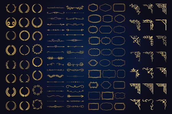 Vintage calligraphic elements. Decorative frames, flourish dividers, borders. Beautiful swirls, sinks decorated with motifs and scrolls. Circle, square and rectangular frames for card