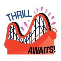 A flat style sticker of roller coaster with thrill awaits typography vector