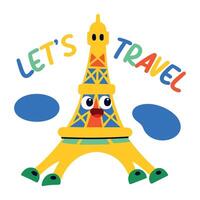 A flat sticker of eiffel tower with lets travel typography vector