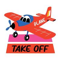 A flat style sticker of a plane with take off typography vector