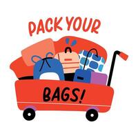 Flat sticker of a filled luggage trolley with text pack your bags vector