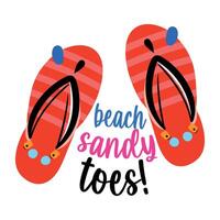 Flat sticker of a pair of beach slippers with the text beach sandy toes vector