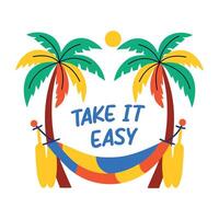 Flat sticker of a hammock between palm trees with the text take it easy vector