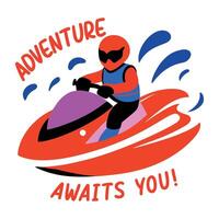 A flat sticker of a person riding a jet ski with the text adventure awaits you vector