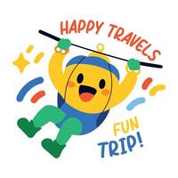 Flat sticker of a zip lining character with text happy travels, fun trip vector