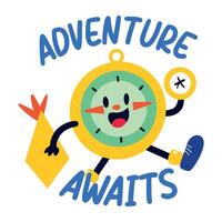 Flat sticker of a happy compass chaacter with the text adventure awaits vector