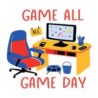 A flat sticker of gaming system with game day typography vector