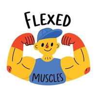 A flat sticker of a strong man with flexed muscles typography vector