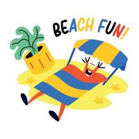 Flat sticker of a relaxing beach mat character with the text beach fun vector