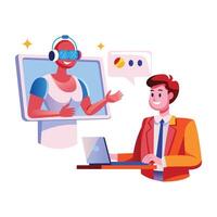 A flat illustration of a character talking with ai assistant vector