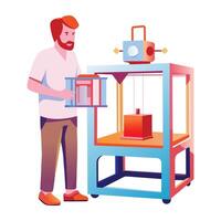 A flat illustration of a character making something with additive manufacturing vector