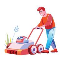 A flat illustration of a character cutting grass with robot mower vector