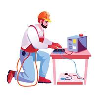 A flat illustration of a man fixing a device vector