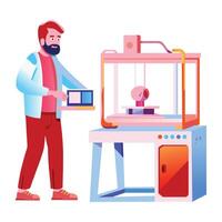 A flat illustration of a person making model with 3d printing vector