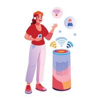 A flat illustration of a girl listening music on smart speakers vector