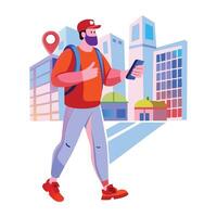 A flat illustration of a character using gps tracking app vector