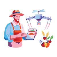 A flat illustration of a farmer using drone for smart farming vector