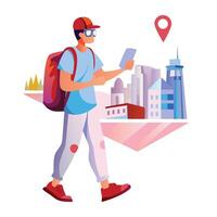 A flat illustration of a character using navigation app to reach its destination vector