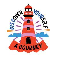 Flat sticker of a light tower with the text discover yoursel a journey vector