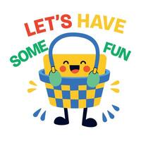 Flat sticker of a happy basket with text let's have some fun vector