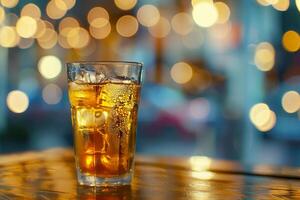 Refreshing iced tea served in a glass with a blurred and glowing background at a cafe. photo