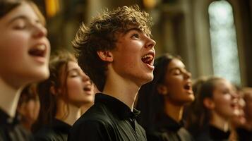 Singers of various backgrounds joyfully immerse themselves in music in an inspiring setting photo