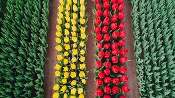 Aerial view of vibrant tulip fields in Netherlands showcasing colorful floral patterns in spring. photo