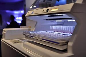 Closeup view of PCR machine with DNA samples in open compartment for analysis. photo