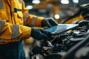 Technician using tablet for vehicle diagnostics in a repair workshop. photo