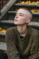 Nonbinary child sitting on steps surrounded by autumn leaves in a cozy sweater. photo