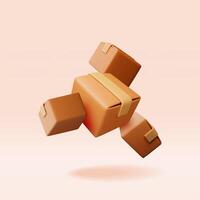 3D stack of cardboard boxes isolated. Render heap post parcel in craft paper. Postal signs of fragile. Carton cargo delivery packaging box. vector