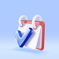3D paper spiral wall calendar and check mark. Render calendar icon with check box. Schedule, appointment, organizer, timesheet, important date. vector
