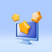 3D computer with customer feedback isolated. Reviews gold star in PC realistic render. Testimonials, rating, feedback, survey, quality and review vector